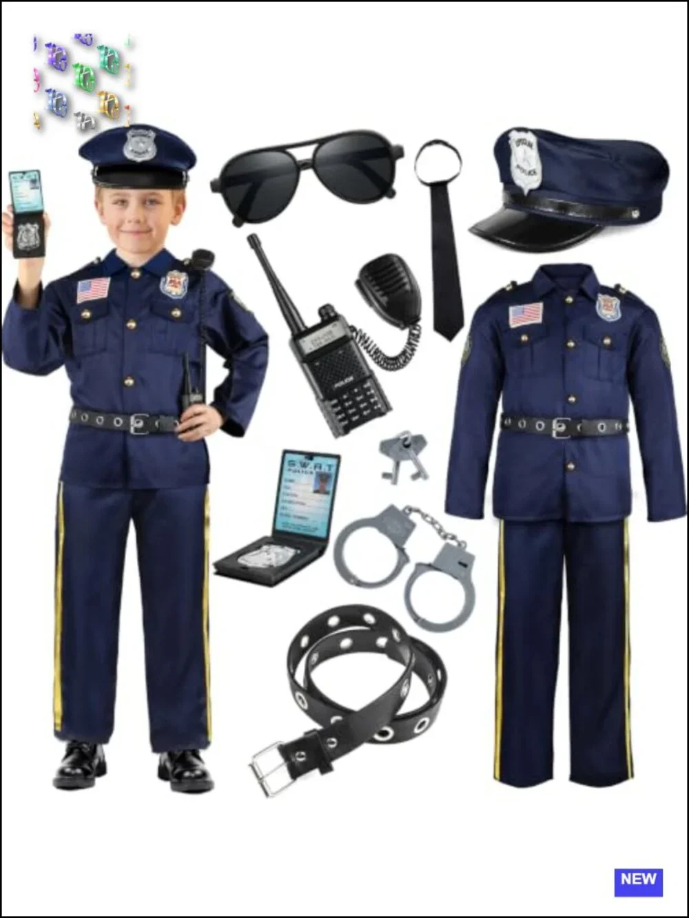 Kids Police Officer Costume Set - 5 Piece Halloween Dress Up Uniform with Hat &